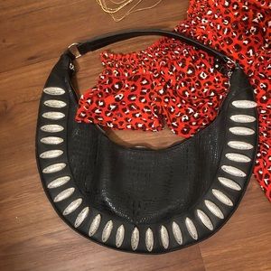 Blue Elegance Black Crystal Studded Leather Purse